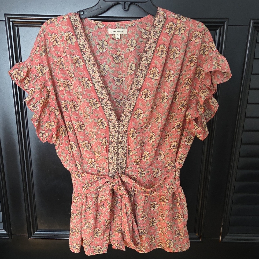 Universal Thread Coral Floral Blouse with Ruffle Detail